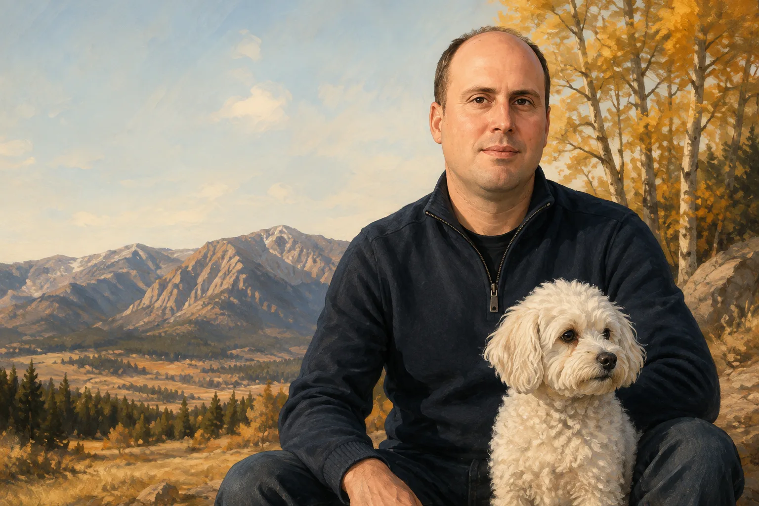 Editorial illustration of Alfredo Cisneros with his dog in Colorado