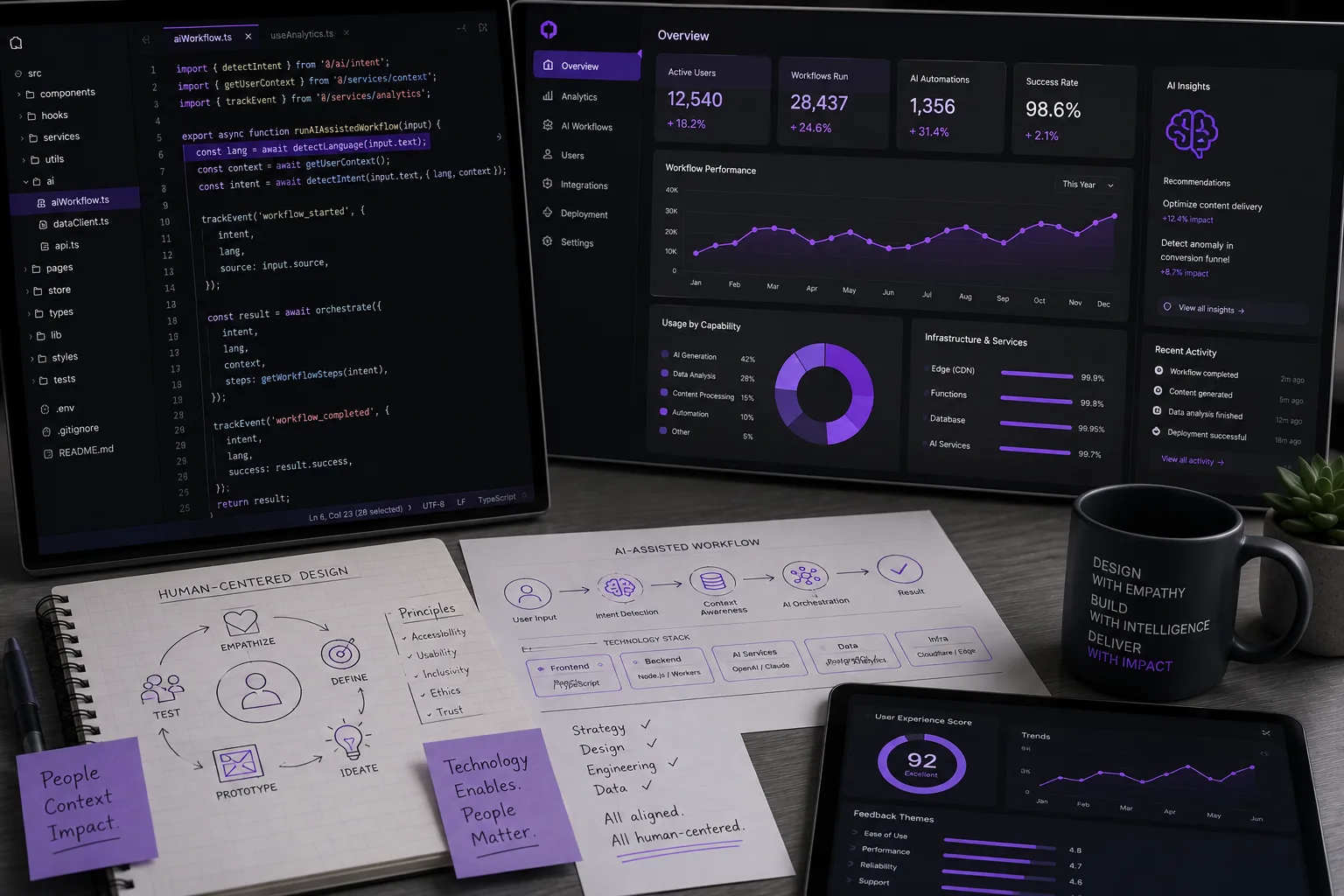 Modern desk with dual monitors showing AI workflow code and analytics dashboards beside human-centered design notes with purple accents.