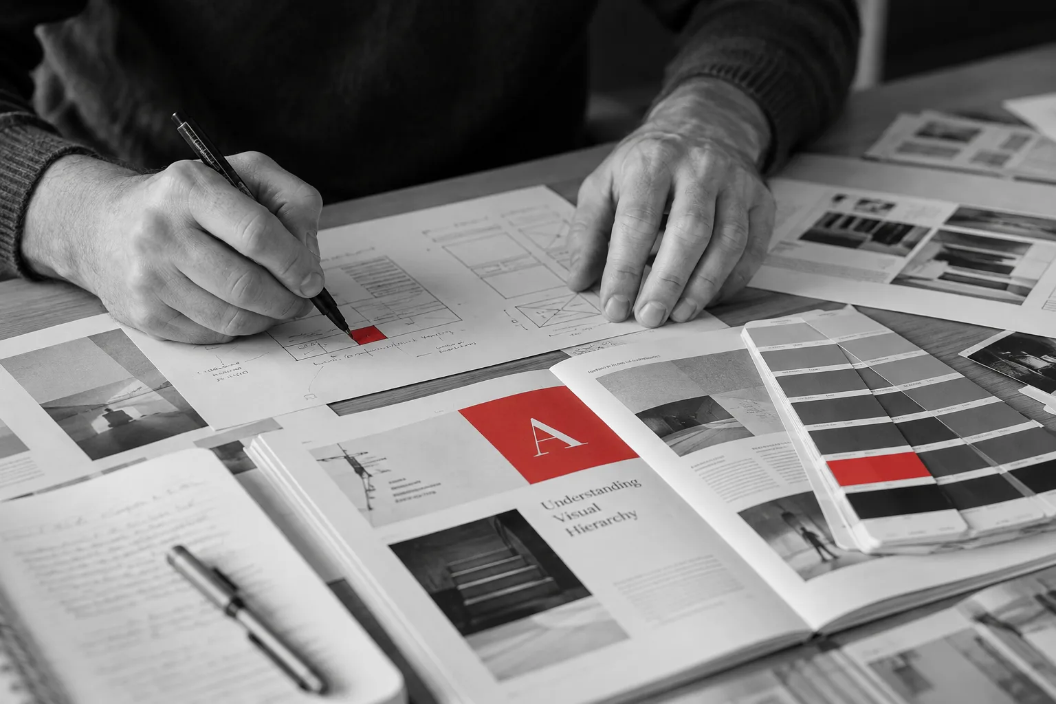 Designer hands sketching wireframes on paper beside an open visual hierarchy book and color swatches, with selective red accents.
