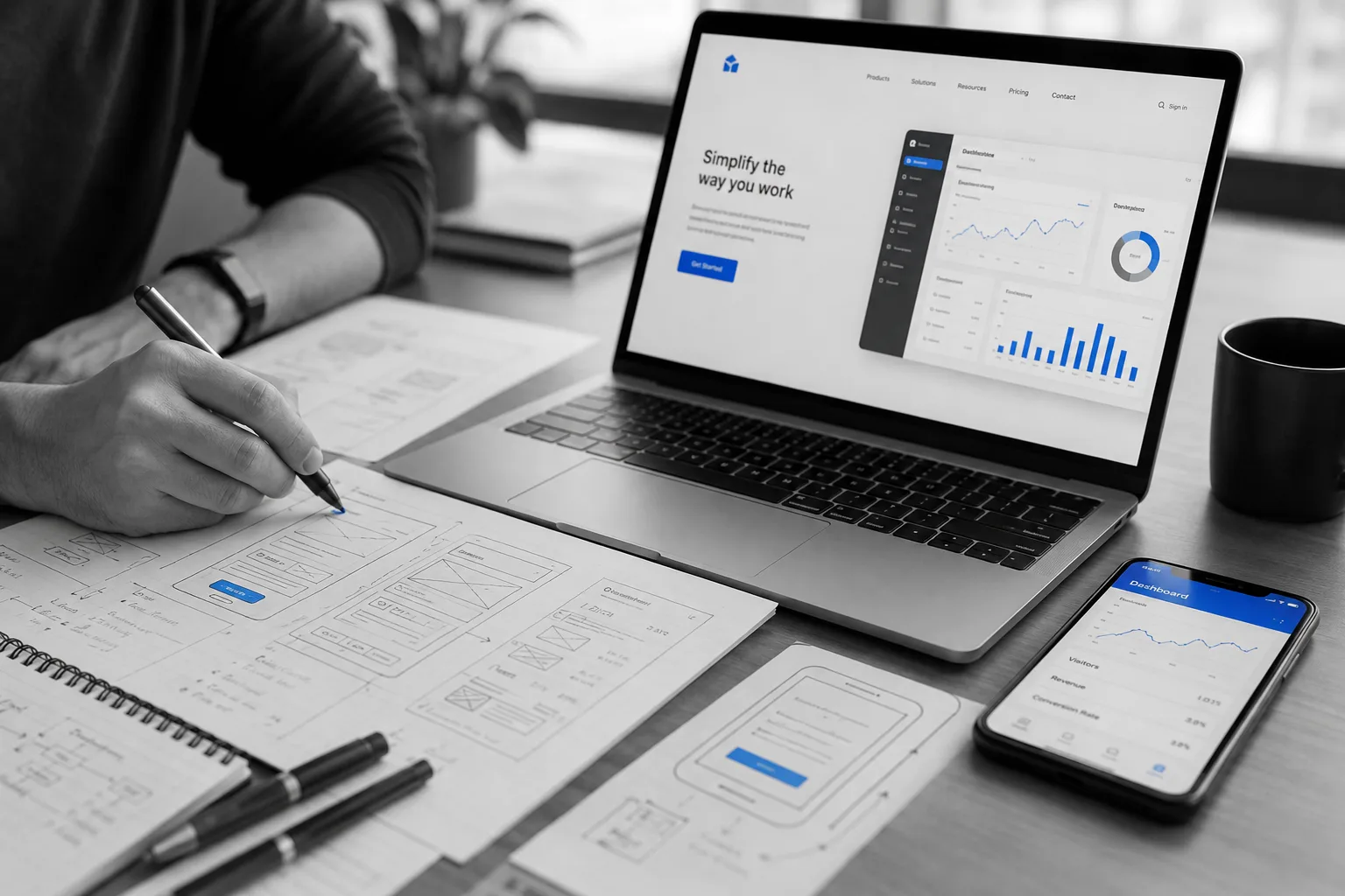 Person sketching interface wireframes next to a laptop and smartphone showing a digital product dashboard with blue accents.