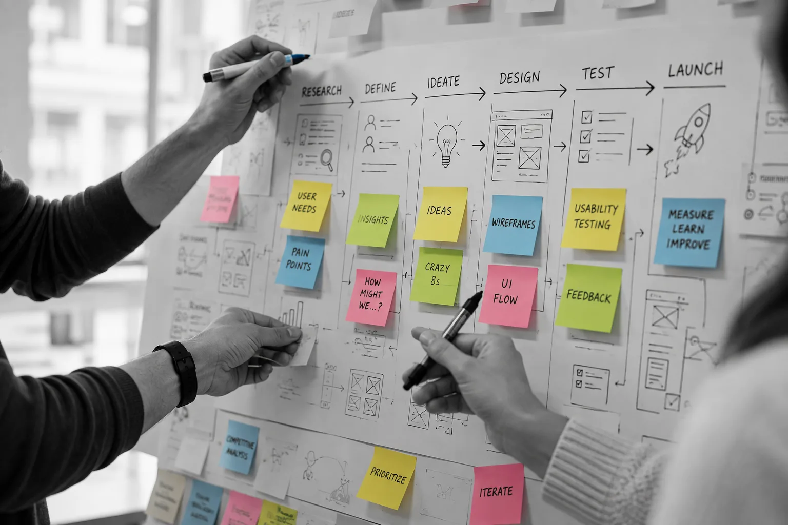 Collaborative whiteboard showing a research-to-launch design workflow with colorful sticky notes and multiple hands marking the process.