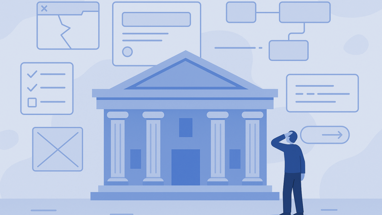 Illustration: A generic government building surrounded by abstract UI shapes and a puzzled person, representing UX challenges in the public sector.