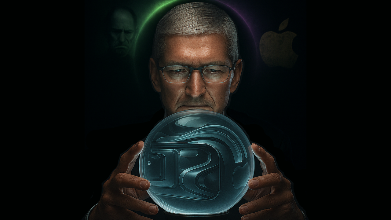 Apple CEO looks into a glowing sphere with 'liquid glass' UI. Steve Jobs' silhouette and an old Apple logo subtly hint at a critique of innovation.