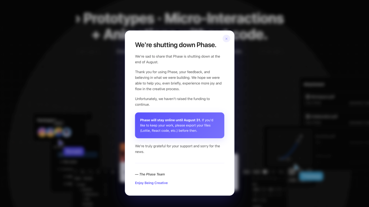 Official announcement from the team behind Phase, informing users that the platform will shut down at the end of August 2025.