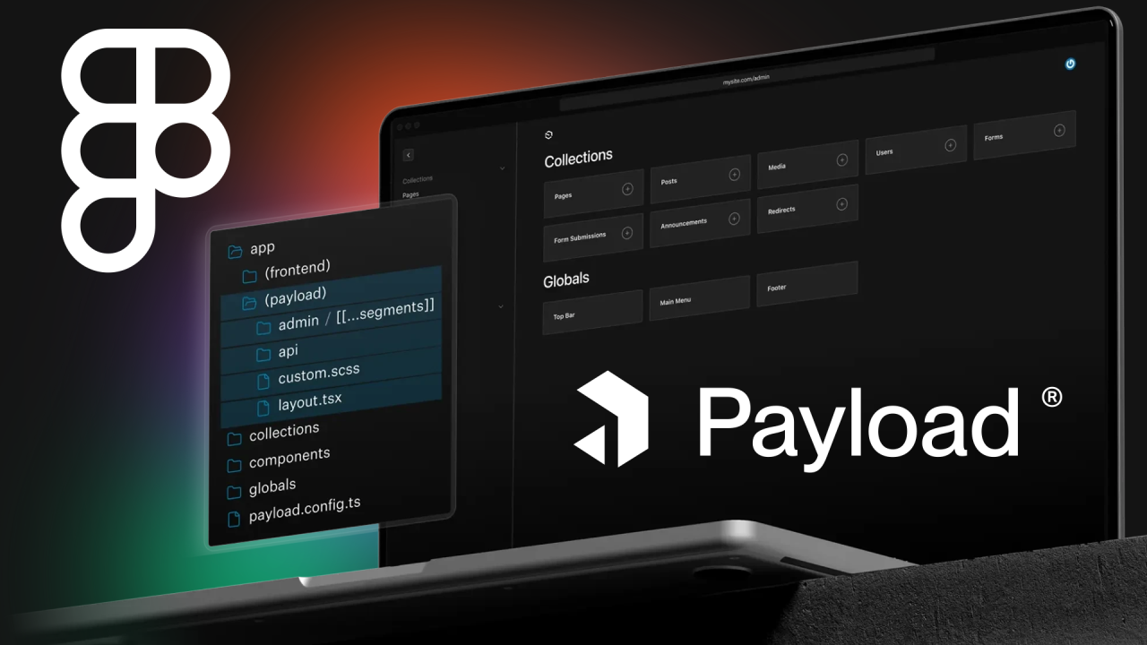 Payload CMS interface elements on a screen, with Figma logo and colors—symbolizing its integration into Figma's suite after the announced acquisition.