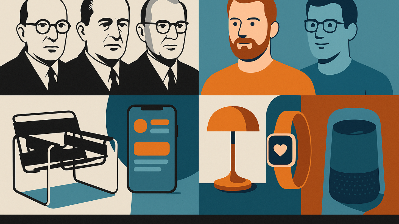Bauhaus-era (B&W) & modern UX (color) designers. Visual bridge showing shared human-centered roots of ID & UX design. @alfredocisneros | 2025