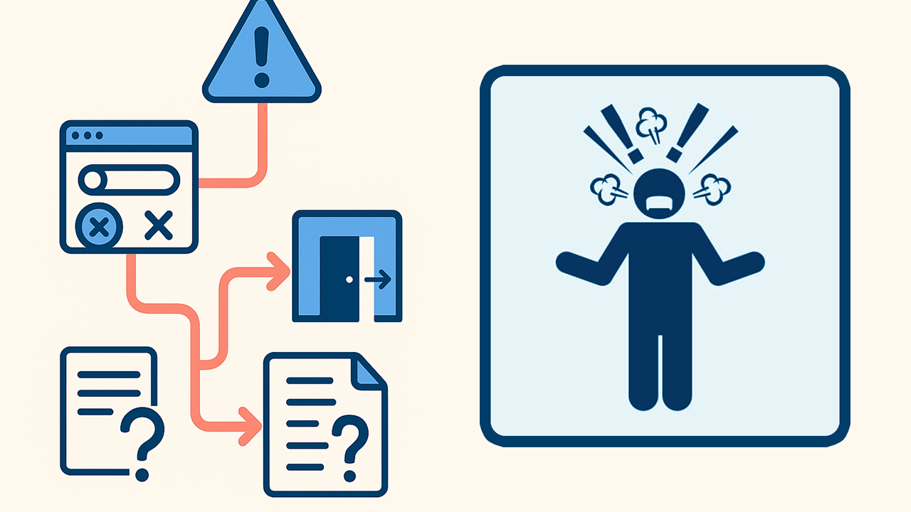 Minimalist flat-style illustration showing the UX journey in public services—from error to resolution—through a series of connected icons symbolizing