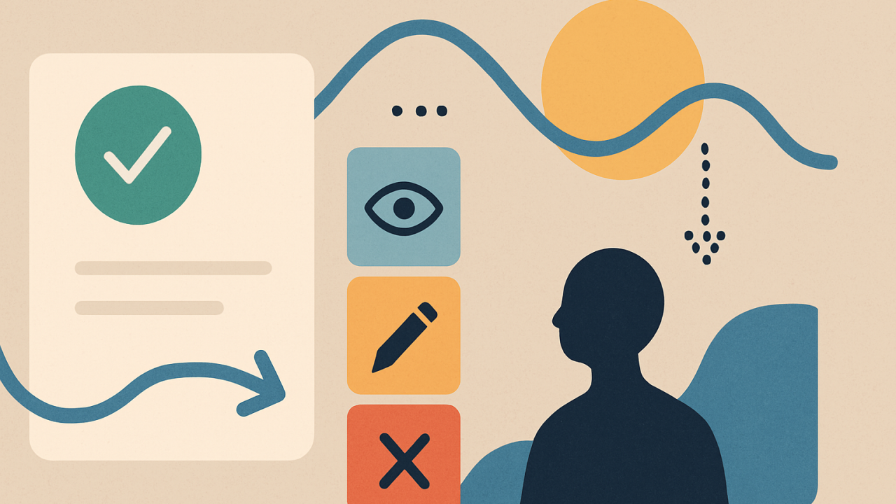 Stylized illustration of a person facing UI icons and arrows, symbolizing review, approval, and feedback flow.
