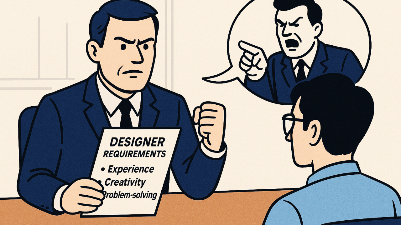 Illustration of a manager holding a "Designer Requirements" paper while scolding a designer, symbolizing conflict when design loses leadership.