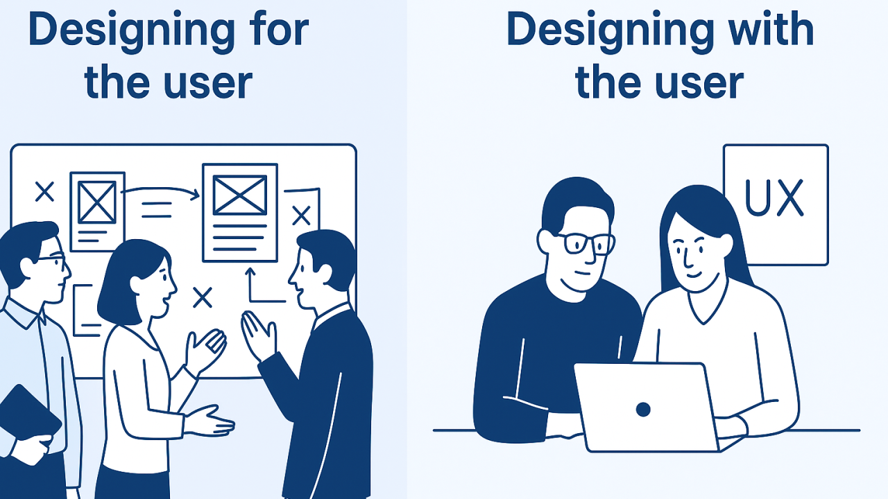 Flat-style digital illustration comparing a designer working alone, while the right side shows a collaborative process involving users in the design.
