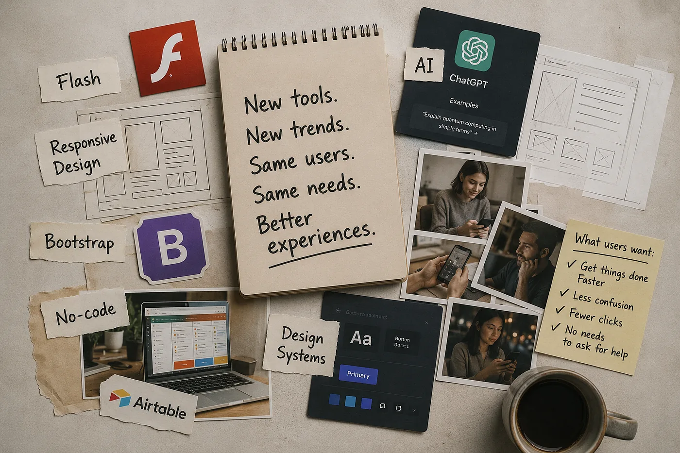 Editorial illustration suggesting that great product design still centers on simplicity while industry tools and trends keep changing.