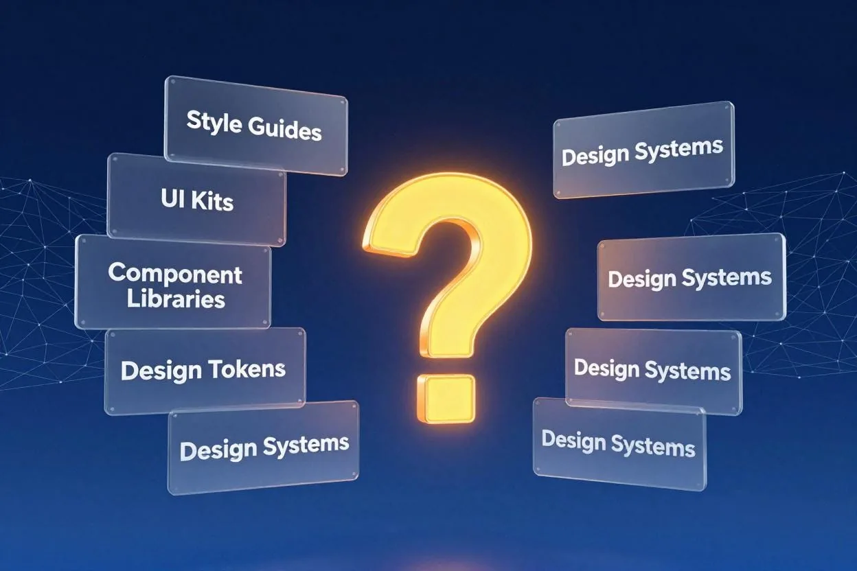 Left: Distinct concepts (Style Guides, UI Kits, Component Libraries, Design Tokens). Right: Everything relabeled as "Design System," losing definition in the process.