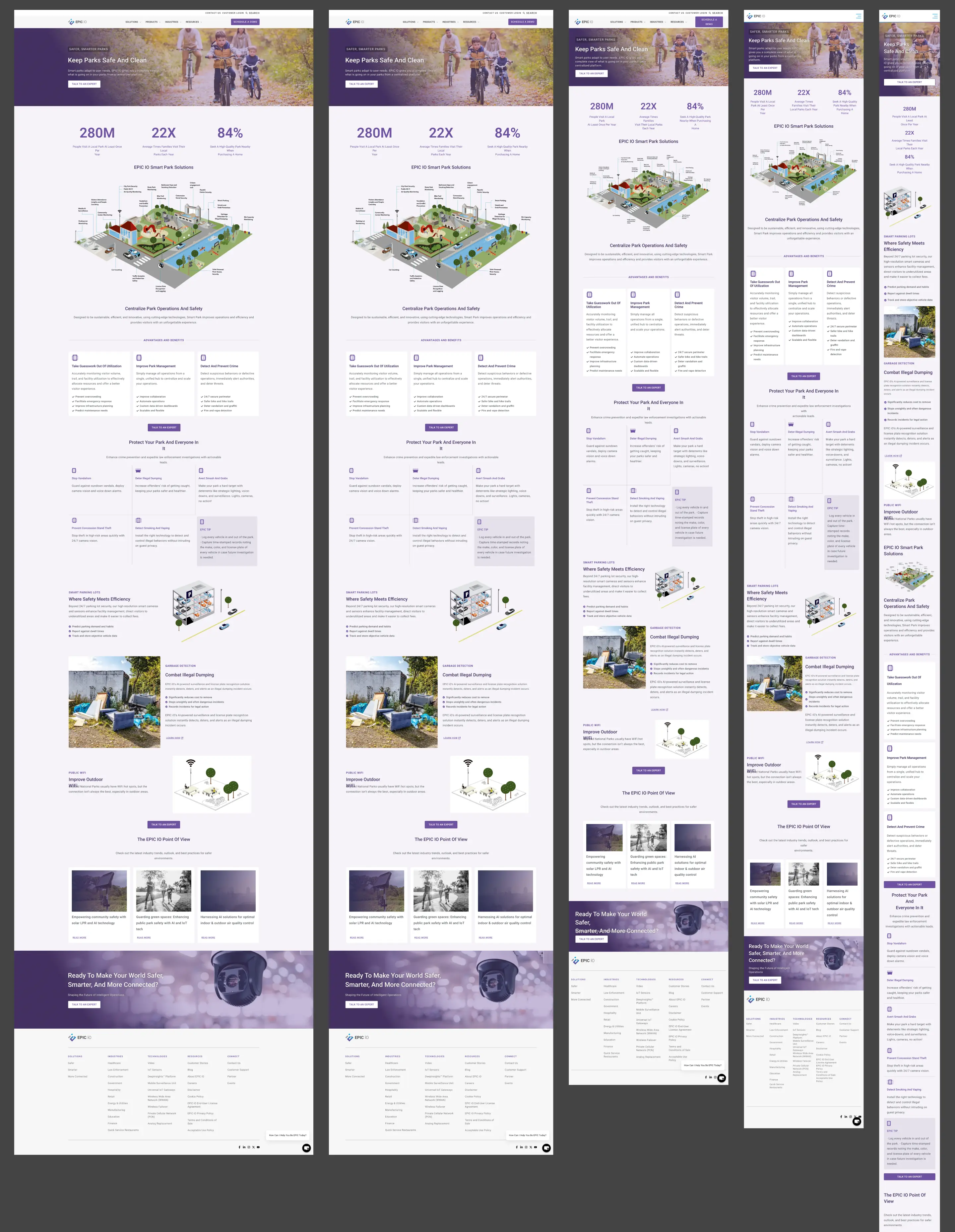 Full-page layouts of the redesigned EPIC iO corporate website, highlighting improved visual hierarchy, responsive structure, accessibility, and modern content organization.