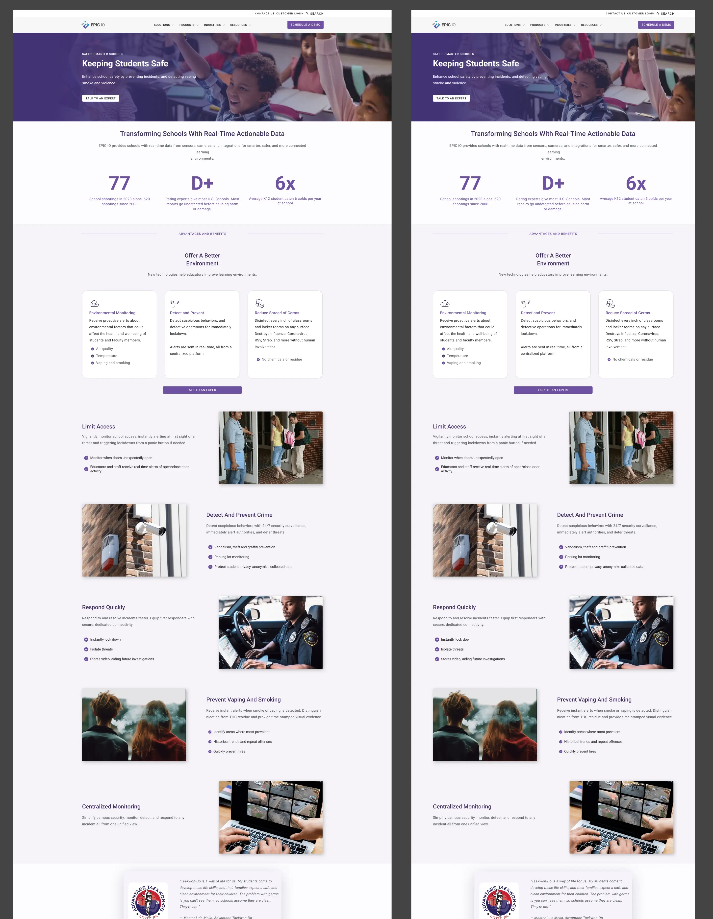 Full-page responsive layouts of the EPIC iO school safety solutions page, showcasing modern UX structure, improved visual hierarchy, accessibility, and mobile-first design.