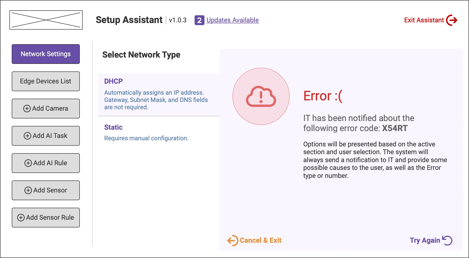 DeepEdge Setup Assistant error screen showing DHCP configuration failure with a red alert icon and retry option.