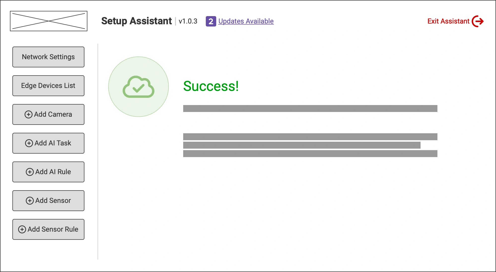 DeepEdge Setup Assistant success screen showing completion confirmation with a green status icon for embedded touchscreen devices.