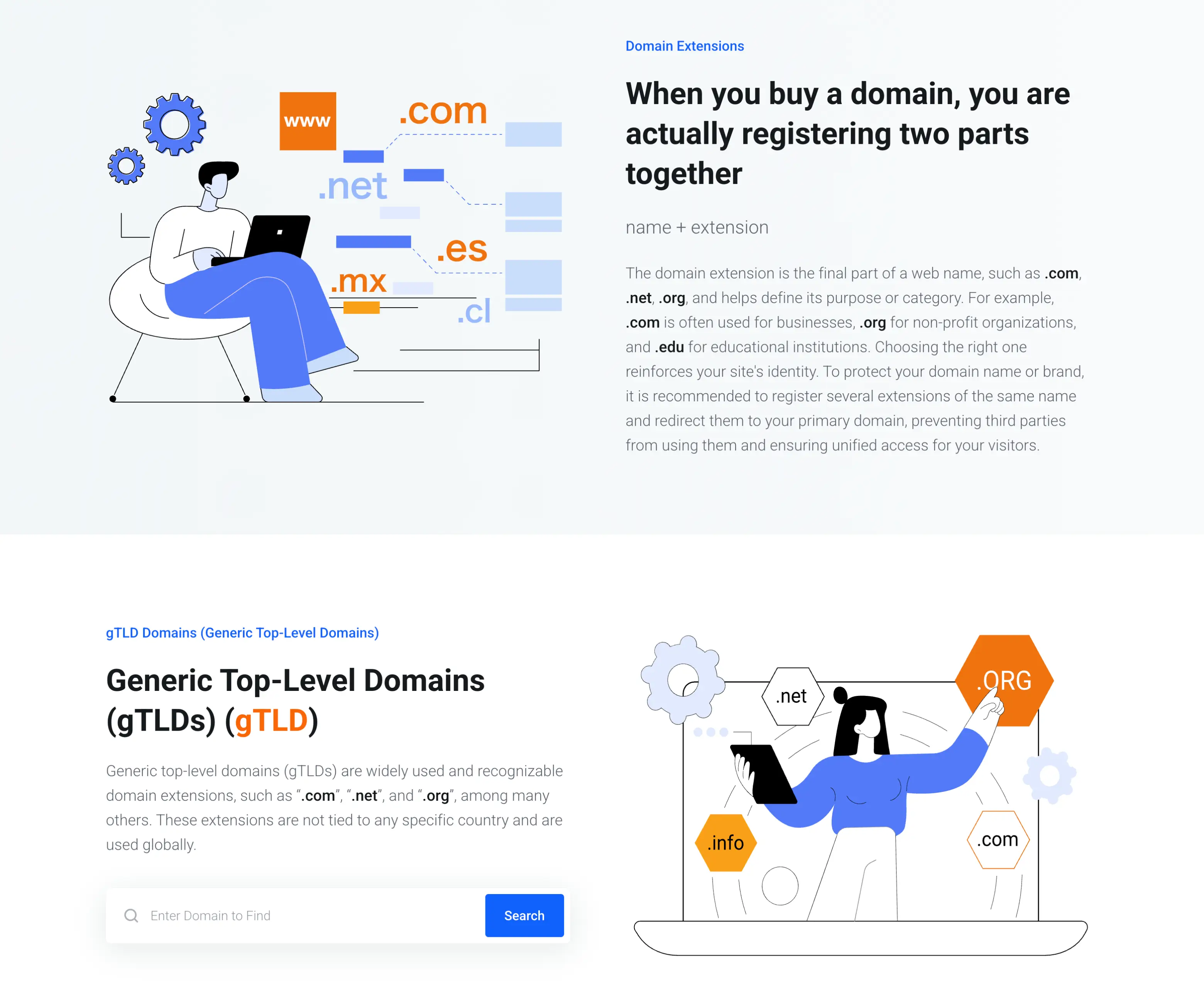 InterSitios domain extensions and gTLD guide with .com, .org, .net, .info, .mx, .es, and .cl examples in an illustrated educational layout.